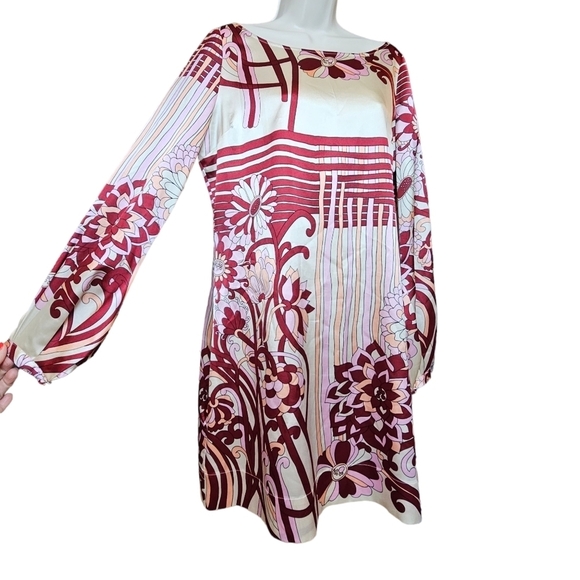 Hale Bob Ivory Satin Abstract Floral Print Boatneck, Long Sleeve Shift Dress - Picture 8 of 9